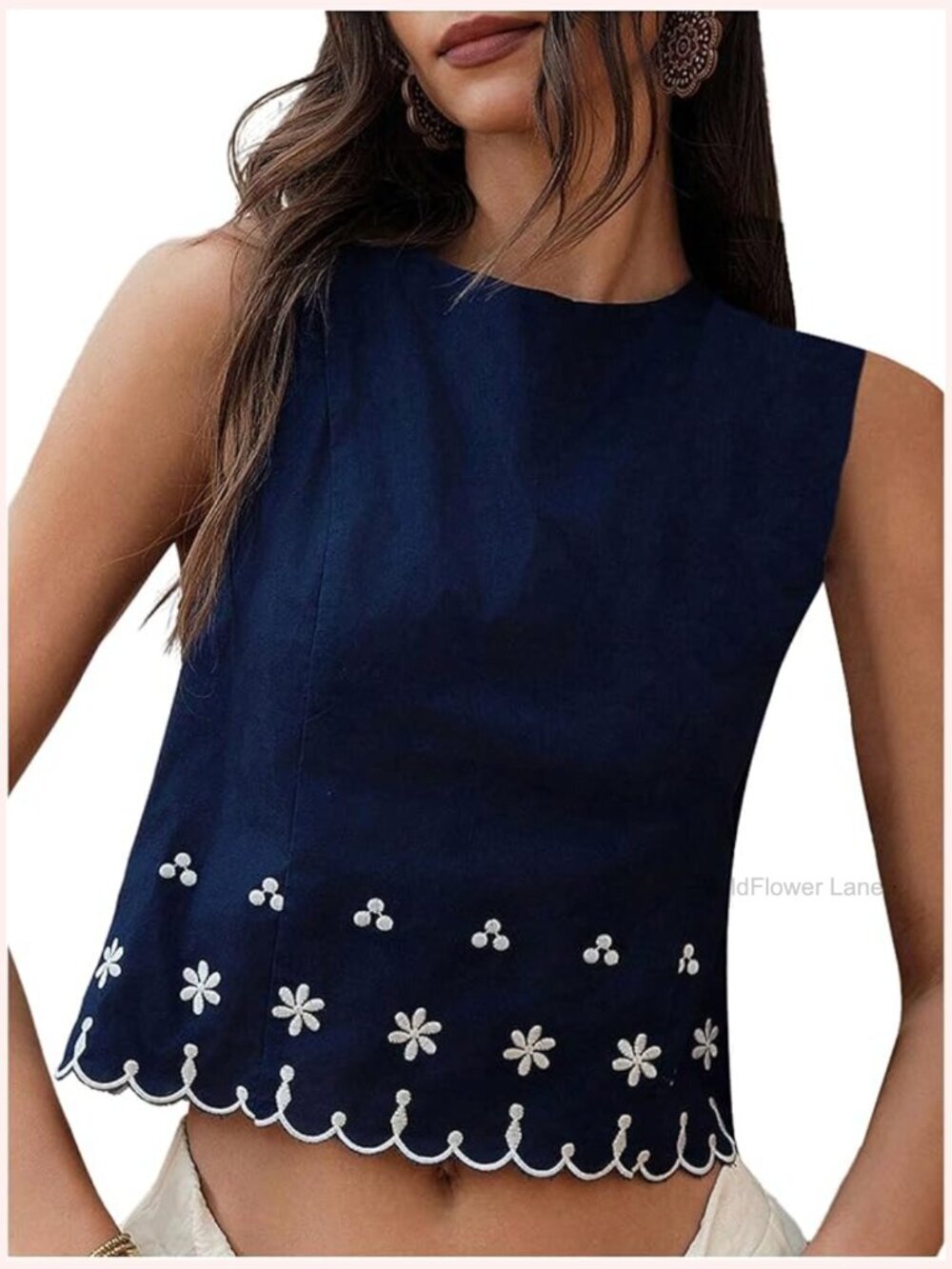 Embroidered Floral Crewneck Crop Tank Top Sleeveless Boho Vacation Blouse
